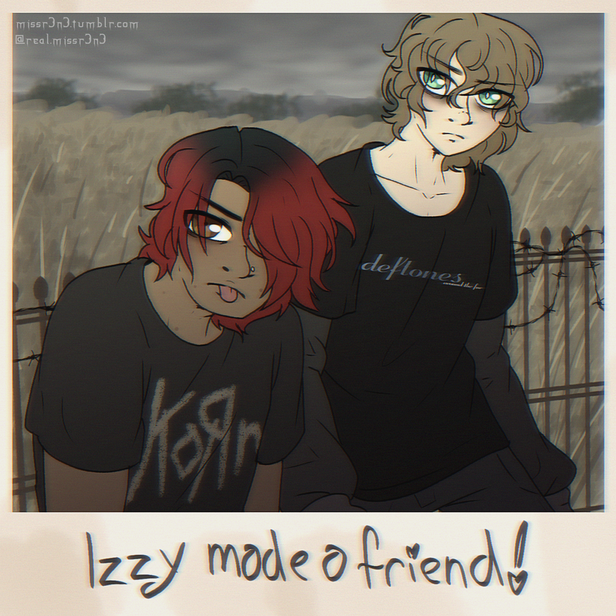 polaroid photograph of isaac and joshua in middle school, shortly after they first met. isaac is sticking his tongue out at the camera, while joshua's expression is neutral. joshua's eyes are weirdly reflective. curly text, implied to be written by kayleigh hawthorne, reads: 'izzy made a friend!'